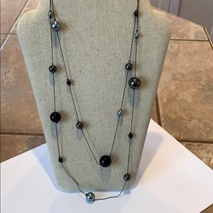 Long silver black bead necklace